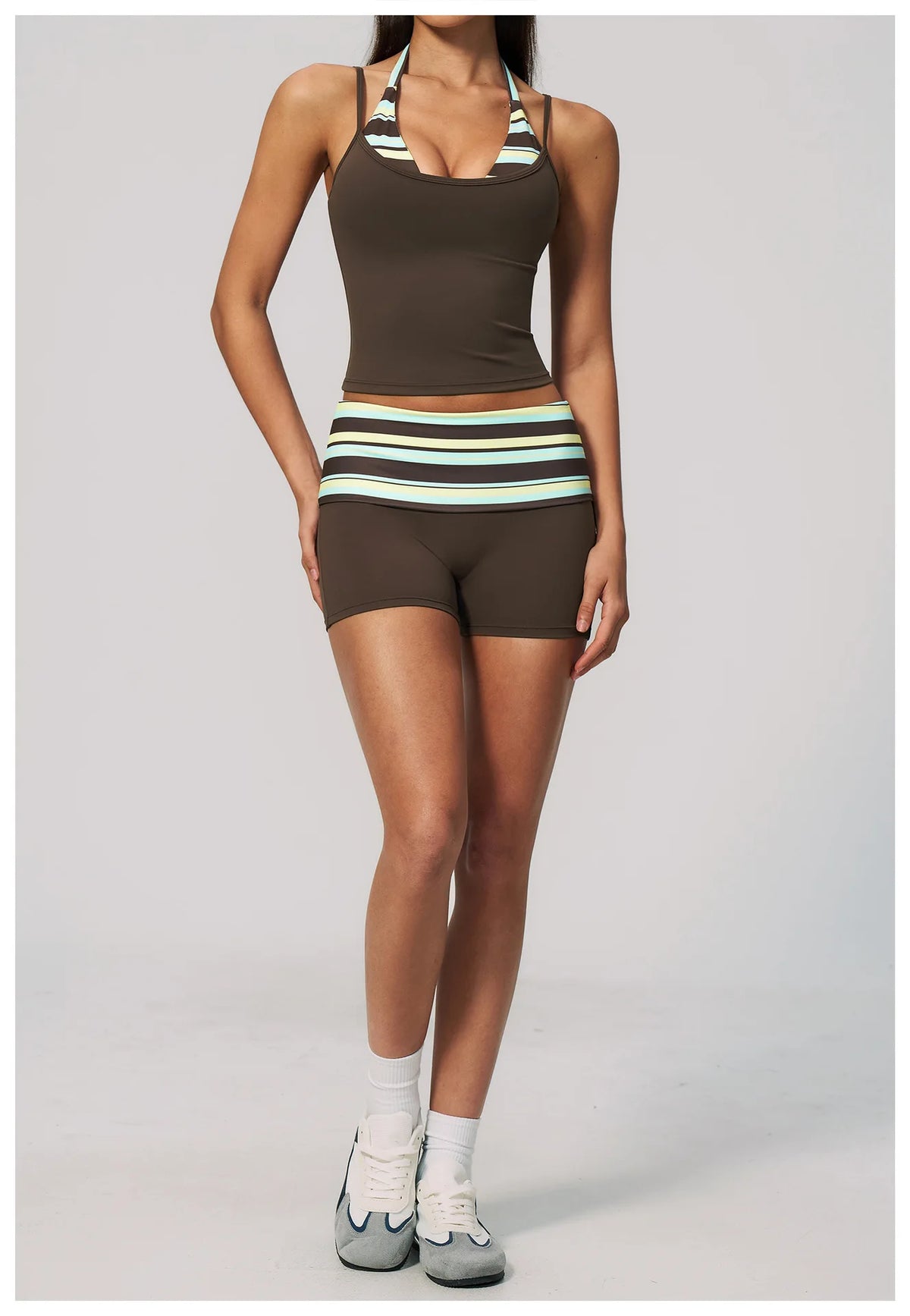 Quick Drying Polka Dot Patchwork Yoga Sets Women Hanging Neck Slim Shockproof Sports Tank Top Gym High Waist Shorts Fitnss Suit