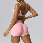 STOUREG Women 2 Piece Yoga Workout Set Adjustable Strap Twist Back Sports Bra Peach Hip Yoga Shorts Fitness Gym Outfit