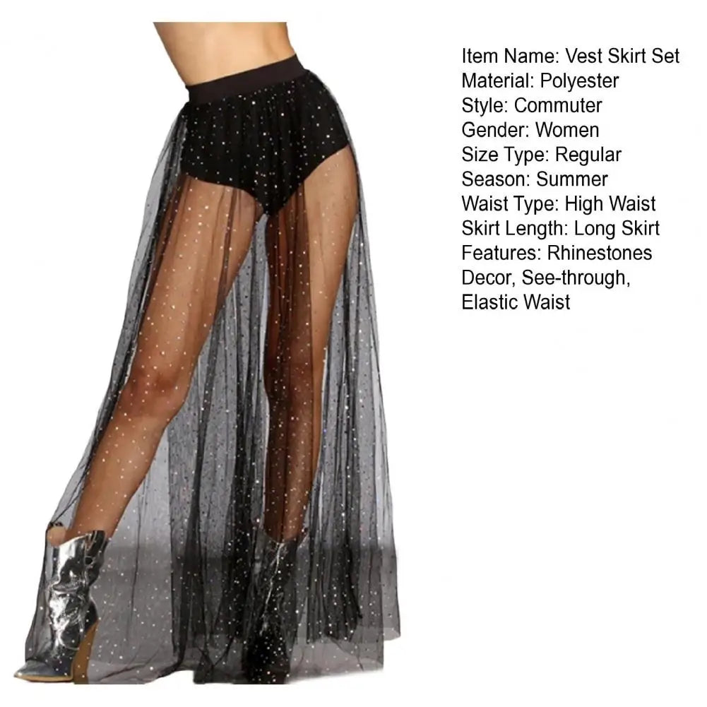 High Waist Pleated Lace Mesh Yarn Skirt Sexy Perspective Skirt Elastic Shiny Rhinestones Decor Maxi Skirt Nightclub Daily Wear
