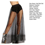 High Waist Pleated Lace Mesh Yarn Skirt Sexy Perspective Skirt Elastic Shiny Rhinestones Decor Maxi Skirt Nightclub Daily Wear