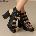 NASBAVI Women Sandals High Heels Summer Fashion Ankle Buckle Strap Female Gladiator Sandals Platform Shoes Block Heels Size 45