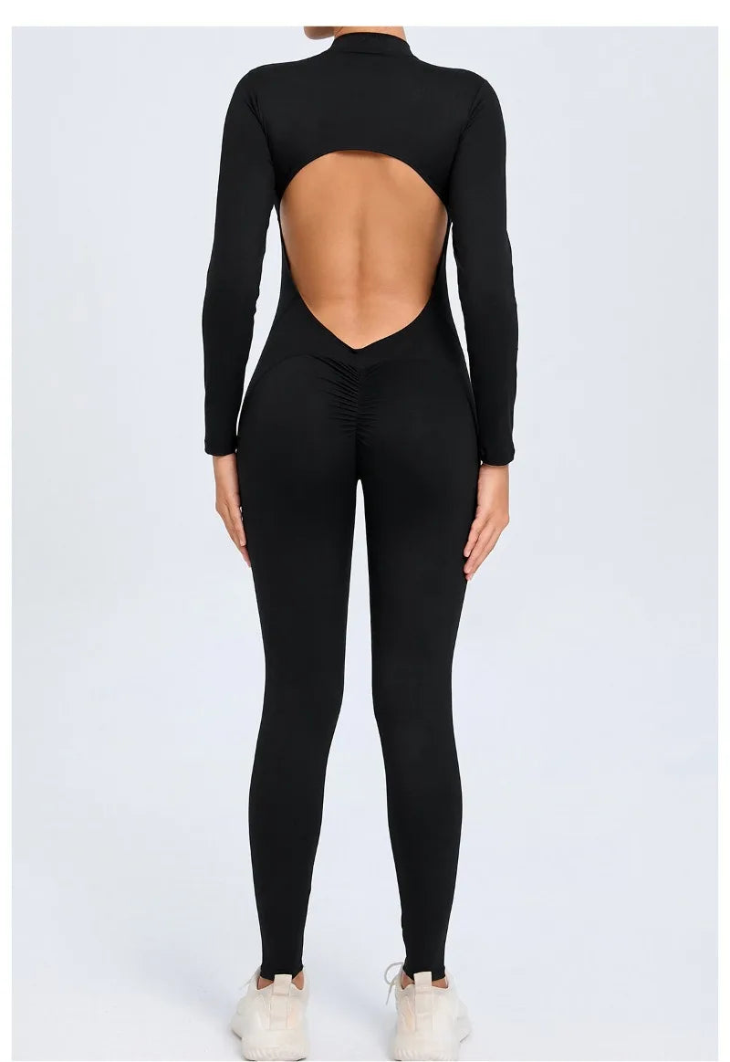 Women's Seamless Yoga Bodysuit Long Sleeve Zipper & Back Cutout Naked Feeling Quick-Dry Running Fitness Workout Jumpsuit
