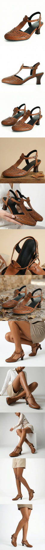Big Size 32-50 Women's Vintage Cutout T-Strap Sandals Round Toe 6cm Kitten Heel Summer Casual Dance Shoes Black/Brown/White