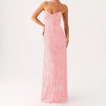 Elegant Sequin Beaded Women Maxi Dresses Flower Embroidery Sleeveless Party Cami Dress Summer Criss Cross Spaghetti Strap Dress
