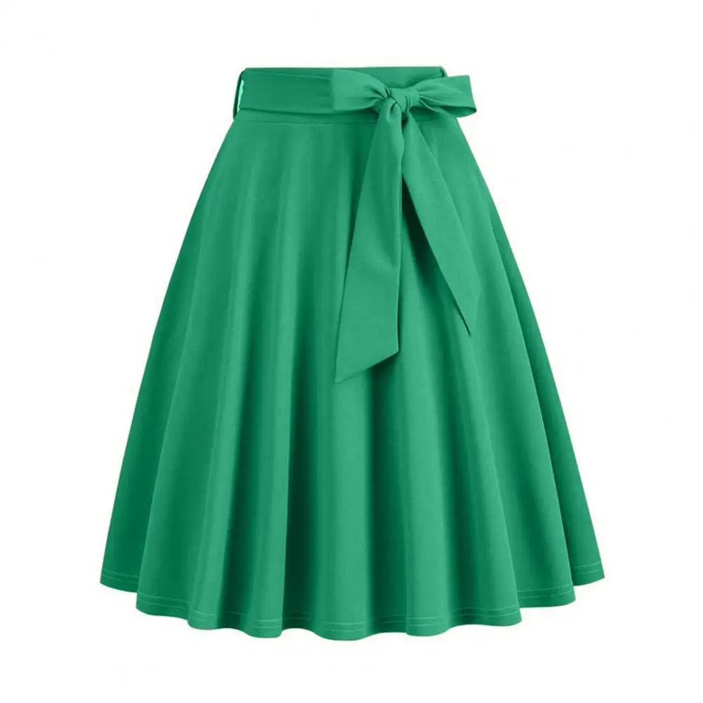 Women Skirt A-line Big Swing Belted Tight Waist Bow Decor Solid Color High Waist Soft Ruffle Summer Dating Party Midi Skirt