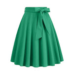 Women Skirt A-line Big Swing Belted Tight Waist Bow Decor Solid Color High Waist Soft Ruffle Summer Dating Party Midi Skirt