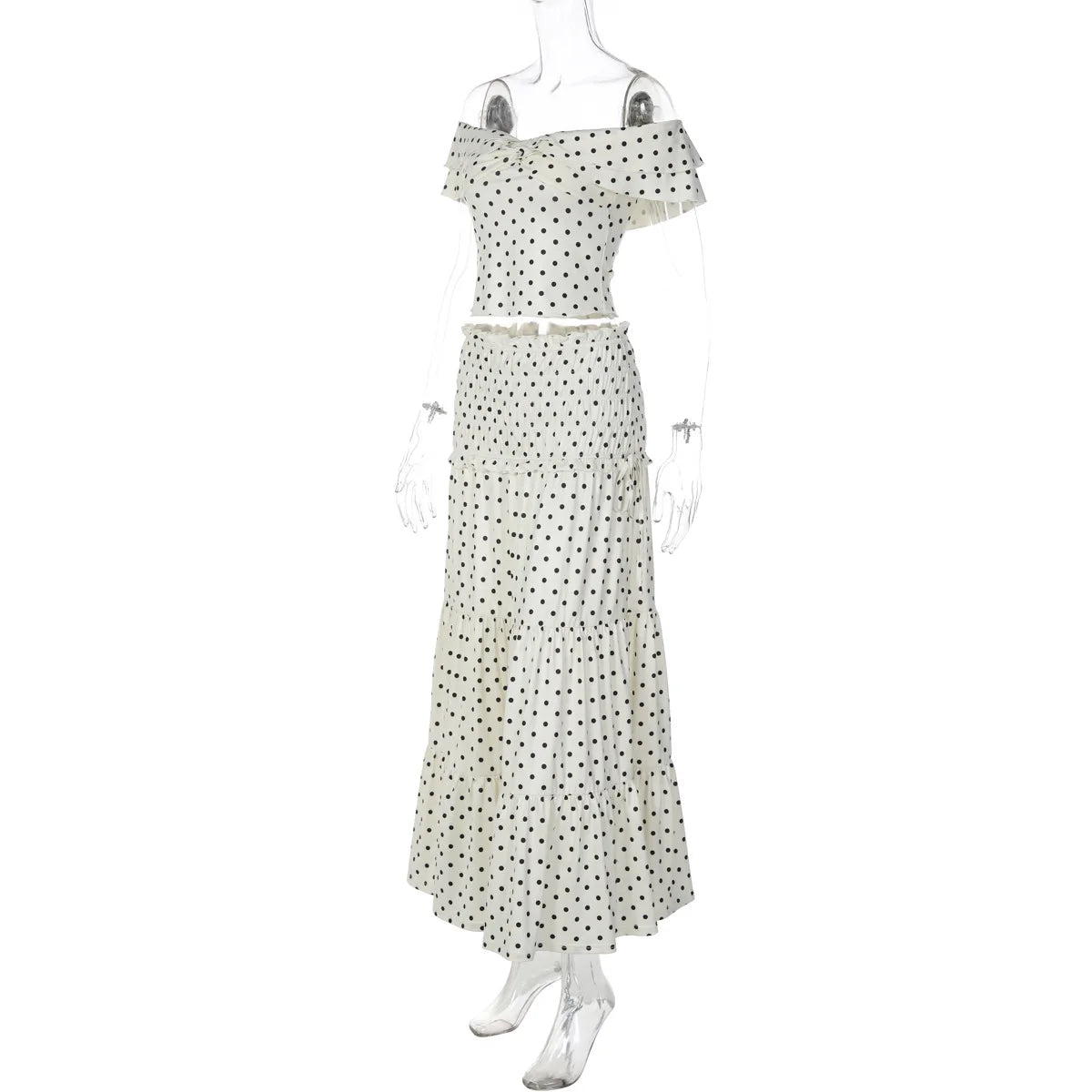 FDYOUI Woman Clothing Polka Dot Crop Tops and Lace-up Skirt Two Piece Sets Female Elegant Slash Neck Long Vacation Dresses Suit