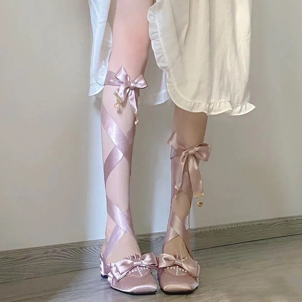 Brand New Vintage y2k Square Toe Mules Pumps Gothic Ruffles Lolita Bow-knot Block Heels Ribbon Tie Ballet Shoes Women