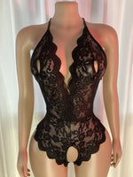Sexy Lace Bodysuit Women Deep V Halter Teddy Lingerie Open Back Backless One Piece Sleepwear Transparent Floral Mesh Nightwear