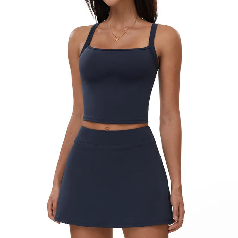 2 Piece Yoga Skirt Set Women Outdoor Neck Hanging Sports Vest High Waist Pleate A Line Skorts Fitness Suit Gym Workout Clothes