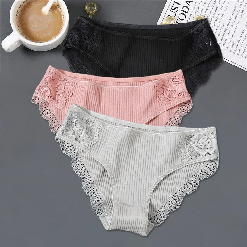 New 3Pcs/set Women's Cotton Panties M-2XL Women Patchwork Lace Underwear Sexy Low Waist Briefs Ladies Comfortable Underpants