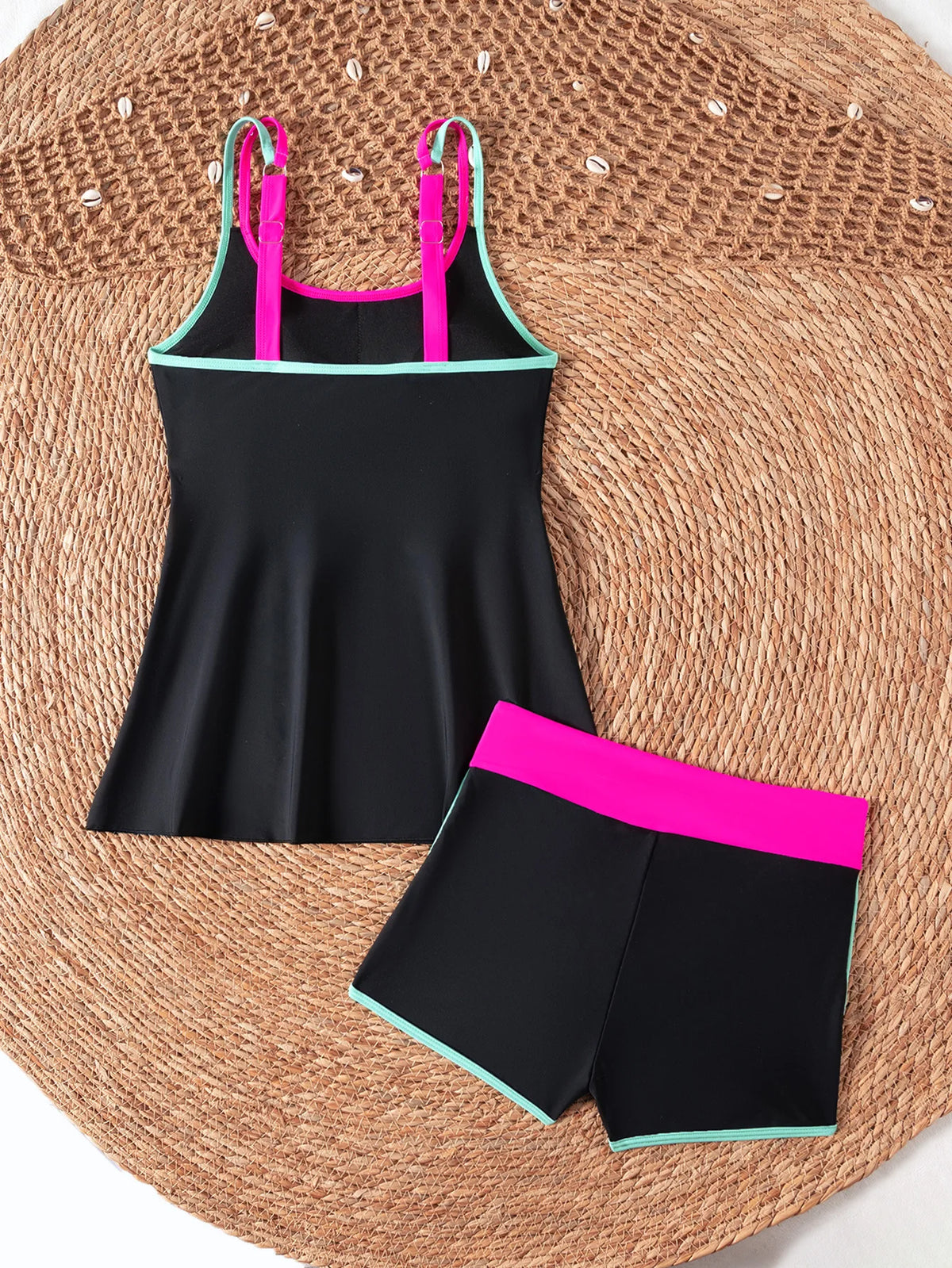 Black White Patchwork Tankini Set Swimwear Women 2026 Double Strap Push Up Tank Top High Waist Pocket Short Two Piece Swimsuit