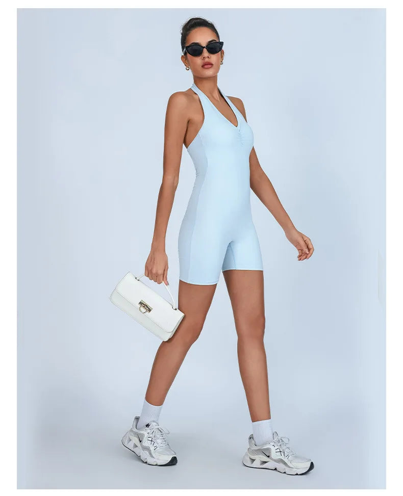 Summer Yoga Jumpsuit Back Hollow Out Bandage Pleate Pocket Shorts Sports One Piece Suits Butt Lifting Fitness Workout Bodysuit