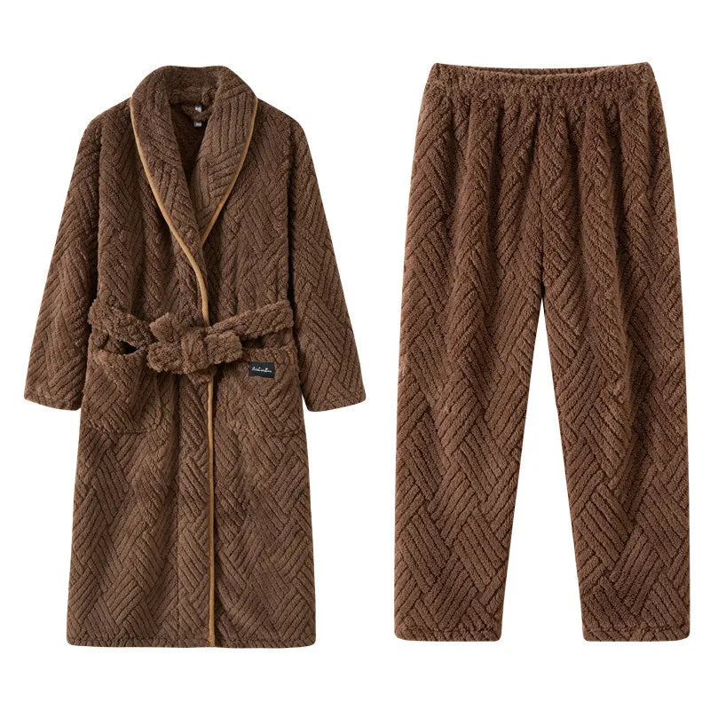 Men Women Jacquard Coral Fleece Bathrobe Autumn Winter Thick Warm Couple Sleepwear Soft Plush Loose Indoor Home Loungewear