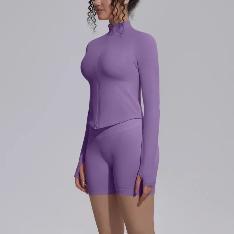 Women's Seamless Yoga Sets Sports Fitness Gym Zipper Long-Sleeve Jacket Hip Lift High-Waist Shorts Suits Workout Training Sets