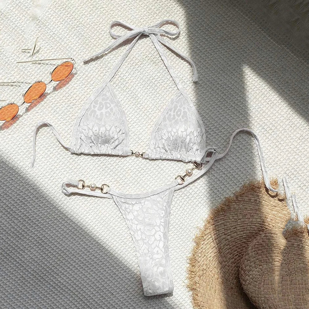 Purple Velvet Leopard Swimsuit Sexy String Halter Triangle Bikinis Sets De Mujer Micro Thong Swimwear Women Bikinis Bathing Suit