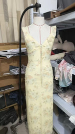 Sexy Elegant Flower Print Slim Long Dresses Women V-neck Low Cut Leace-up Backless Package Hip Bodycon Sleeveless Dress Female