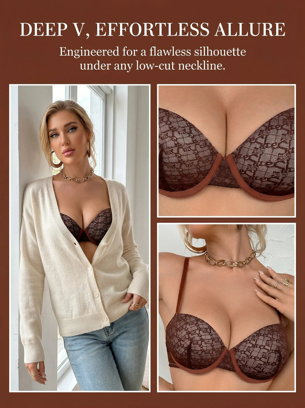 Women Chocolate Brown Lace Bra French Style Bralette Push Up Underwear sexy Lingerie MR3608