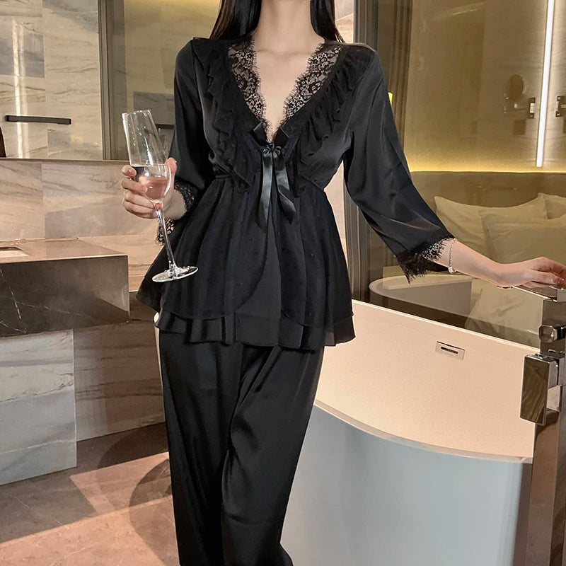 Women's Lace Satin Home Sleepwear Set Deep V Sweet Lace Top and Pants Two Pieces of Home Clothes Big Size White Black Purple