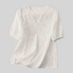 Women Summer Loose Embroidered V Neck Solid Color Short Sleeved Comfortable Button Down Shirt Top женская одежда