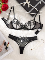 3/4 cup gathered satin lace lingerie set - red rose embroidered netting sheer women's bra and panties set ZA82403