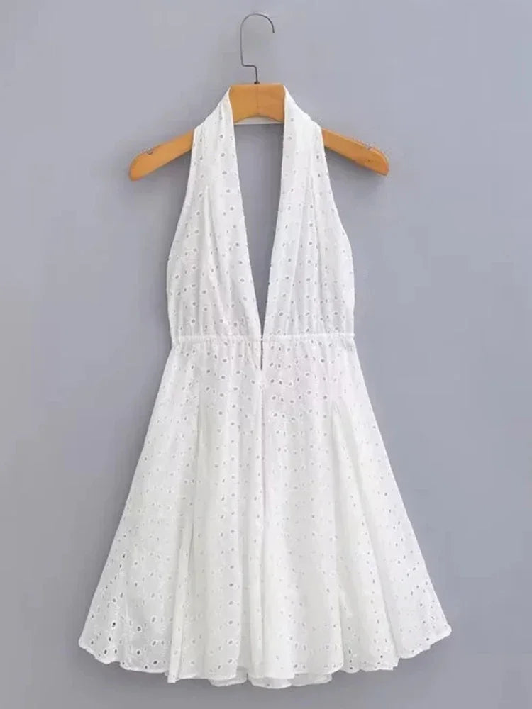 Foridol White Beach Summer Dress Women Backless Cotton Lace Short Autumn Sundress Women Clothing Halter A-line Pleated Dress