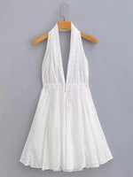 Foridol White Beach Summer Dress Women Backless Cotton Lace Short Autumn Sundress Women Clothing Halter A-line Pleated Dress