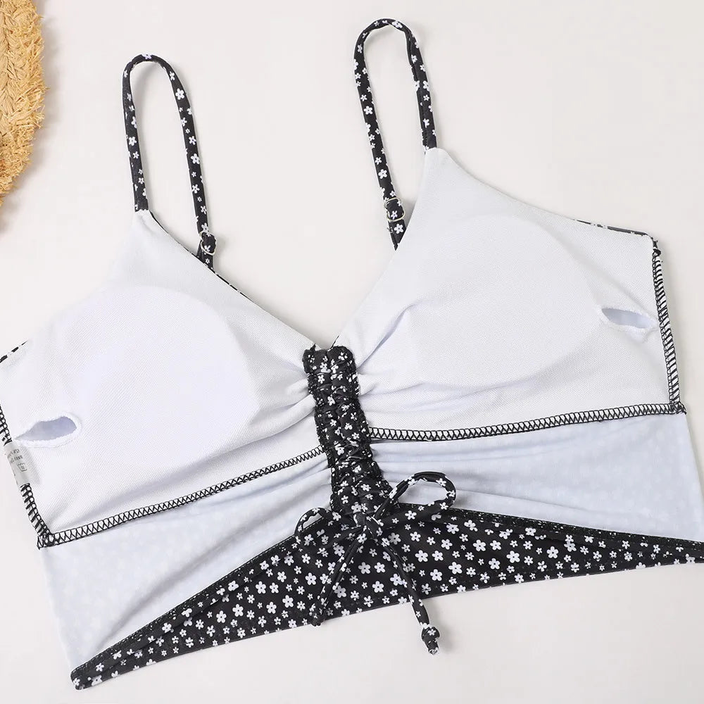 High Waist Bikini Swimsuit Women 2024 Floral Print Swim Suits Drawstring Front Shorts Boxers Swimwear Trunks Pool Bathing Suit