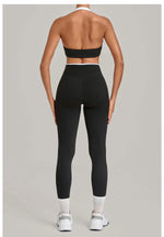 2 Pieces Color-block Yoga Sets WomenHanging Neck Sports Bra High Waist Pants Built-in Pockets Outdoor Fitness Workout Suit