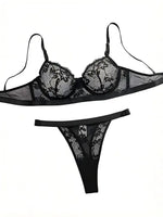 “Women's Black Lace Bra and Thong Set - Sexy Sheer Underwire Lingerie, Floral Embroidery, Seductive Nightwear”