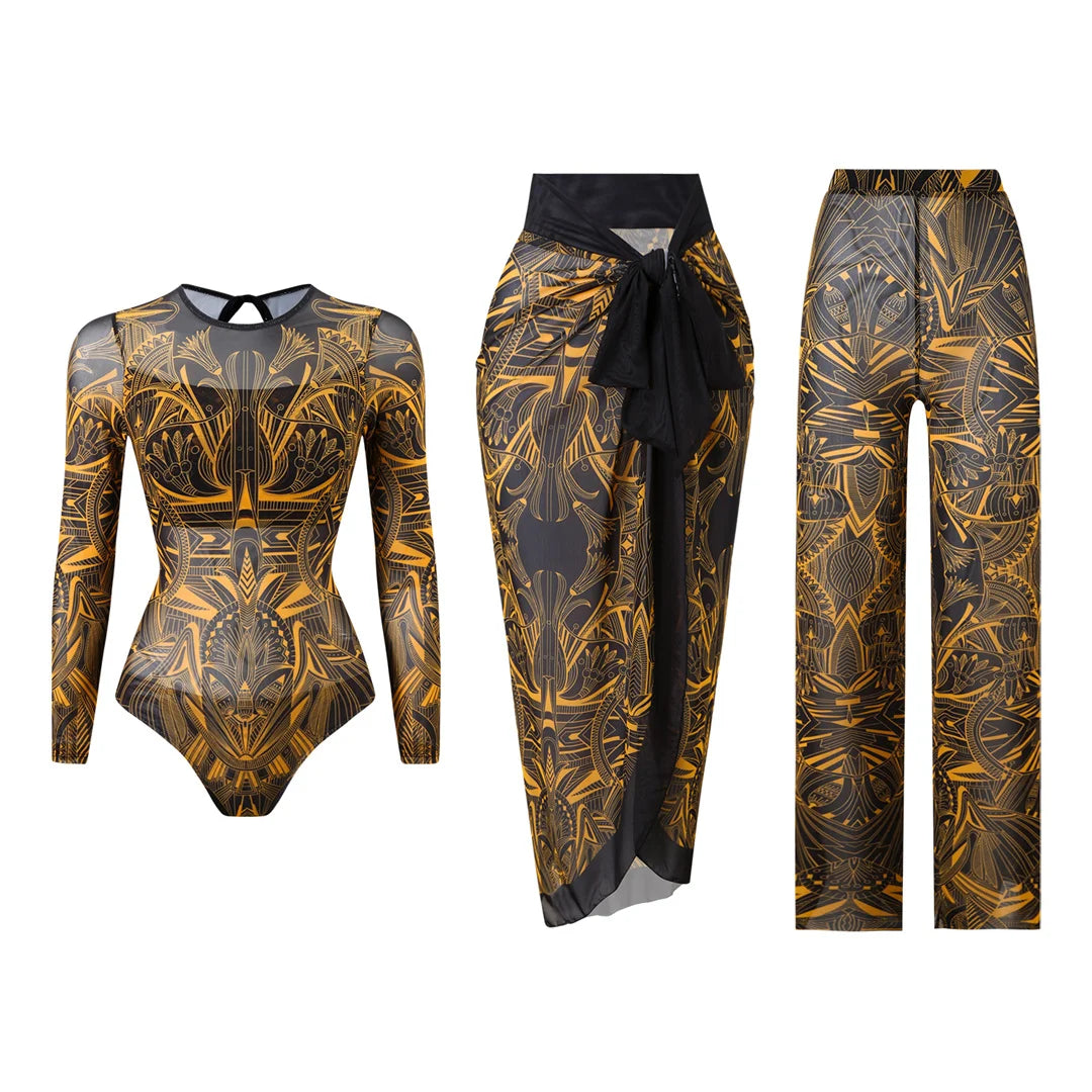 S - XXL 3PCS New Printed Long Sleeve With Pants Sarong Women Swimwear One Piece Swimsuit Female Bather Bathing Suit Swim V7180