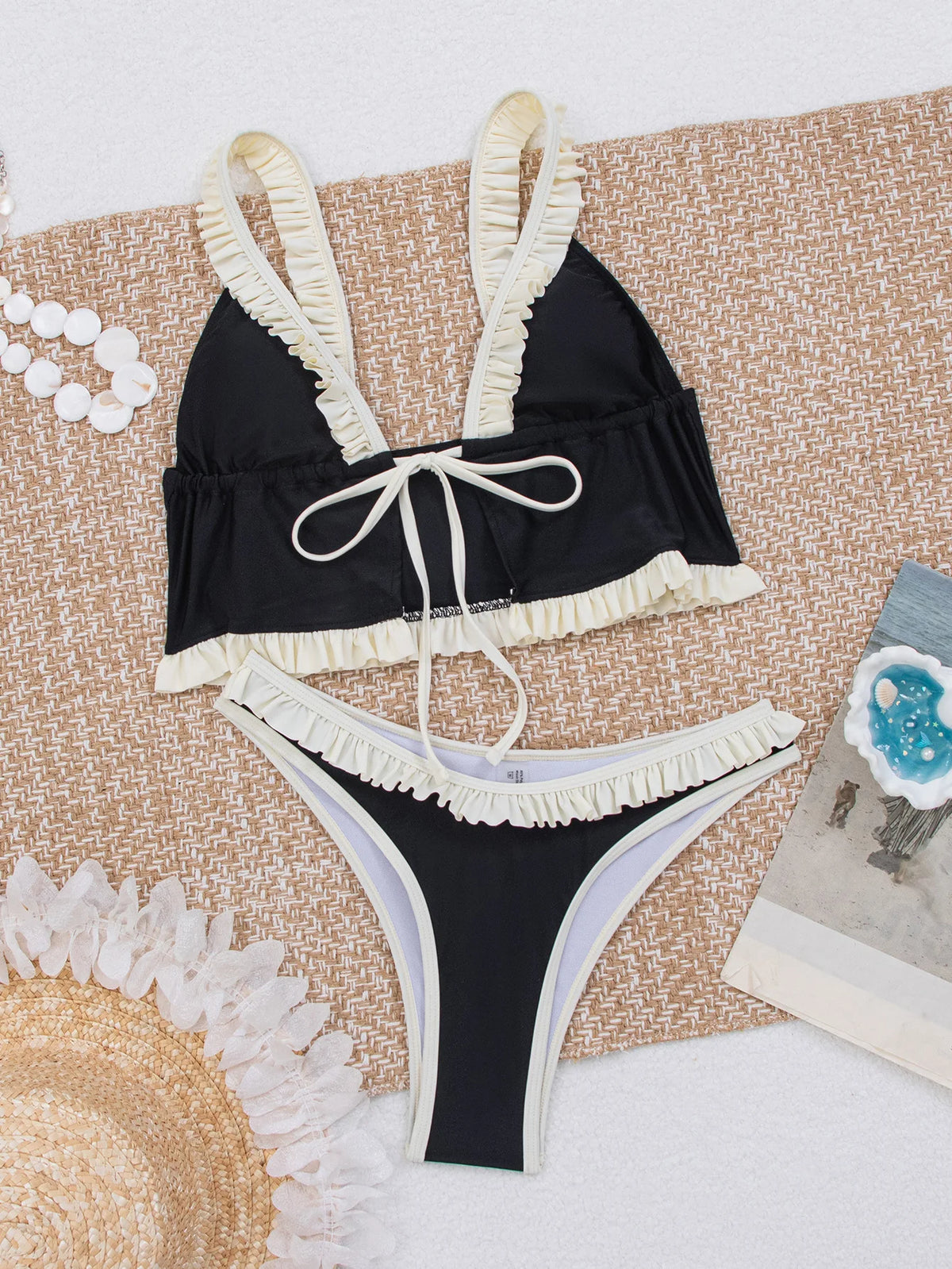 Sexy Front Tie Lace Trim Bikini Set Women Black Contrast Push Up Top Ruffles Thong Swimsuit Summer Holiday Bathing Suit Swimwear