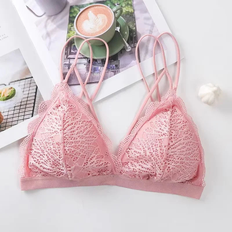 Women Scalloped Lace V Neck Padded Bra Fixed Non Adjustable Double Thin Strap Triangle Hollow Bralette One Size Underwear