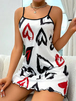 Womens Sleepwear Heart & Letter Print Nightdress Soft Lettuce Trim Round Neck Backless Slip Dress Comfy Casual Nightgowns