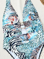 Tiger Printed Halter Deep V Neck One Piece Swimsuit Women Swimwear Female Backless Monokini High Cut Bathing Suit Swim Bodysuit