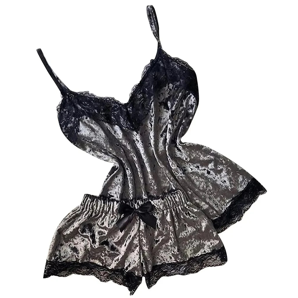 Summer Velvet Pyjamas Set for Women Sleepwear Sleeveless Straps Nightwear Lace Trim Cami Top and Shorts Sets Sexy Lingerie