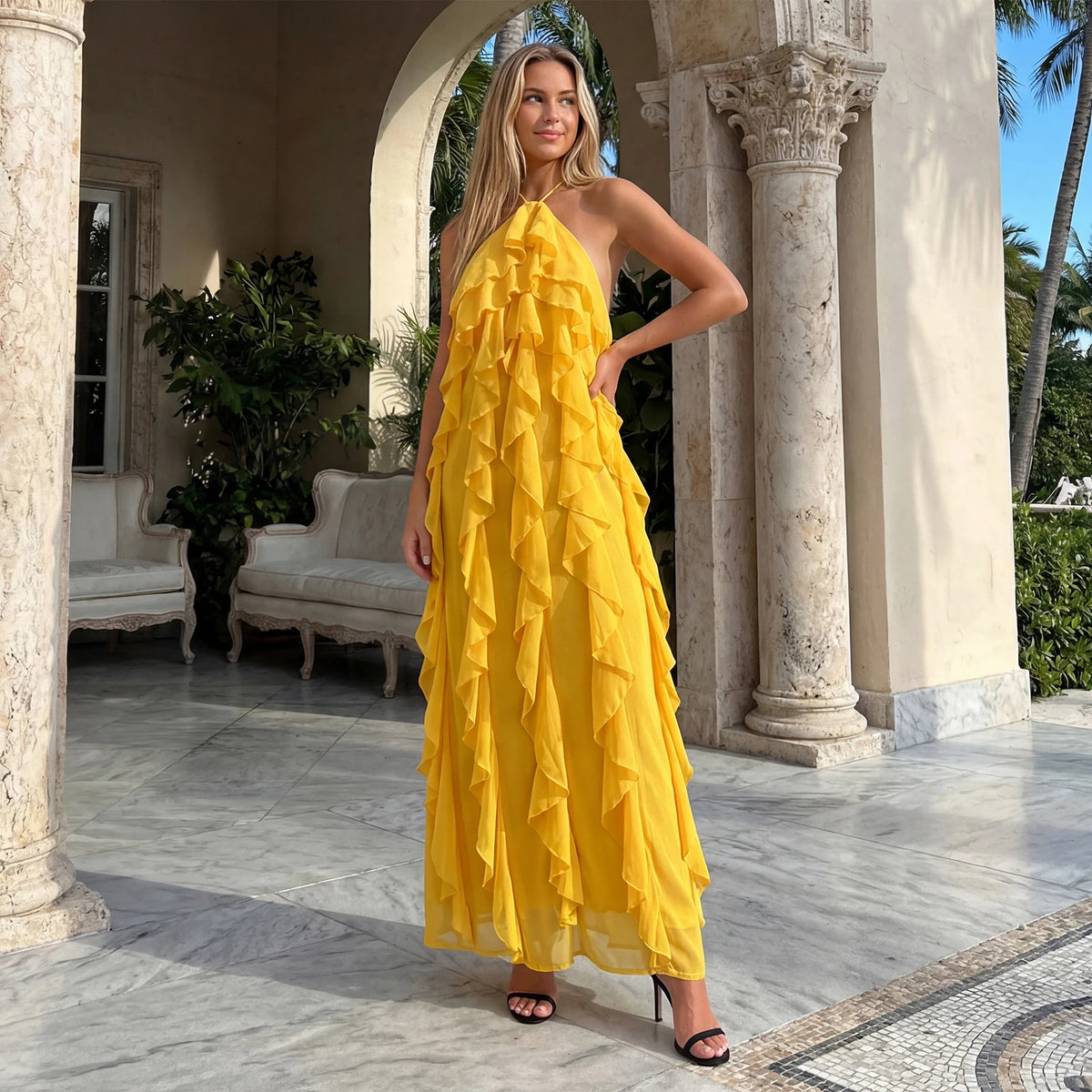 Women Fashionable Backless Sleeveless Ruffle Dresses Summer Holiday BeachSolid Color Halter Long Dress
