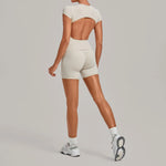 Tight Invisible Wrinkle Yoga Sets Women Short Sleeve O Neck Hollow Back Sports Tank Top Butt-Lifting Shorts Gym Fitness Suits