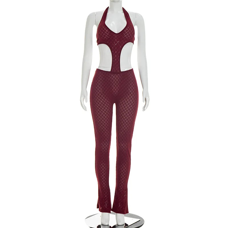 Sexy hot girl solid color see-through slim fit knitted deep V jumpsuit