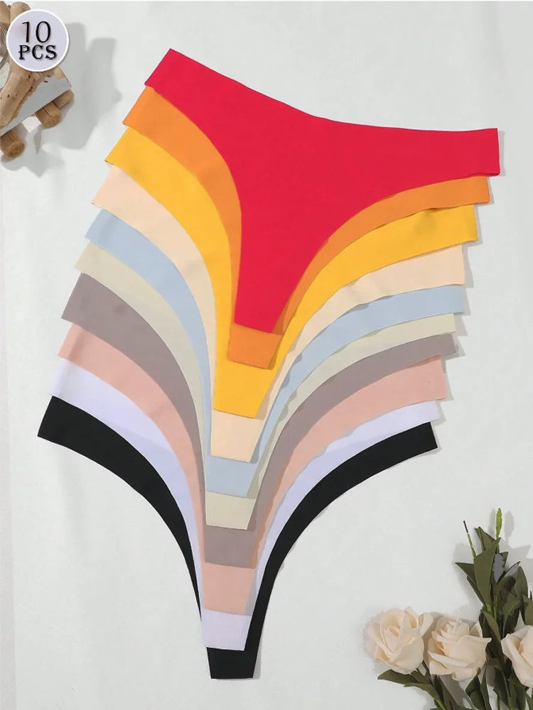 10PCS/Set Seamless Ice Silk Panties Women V-Waist Underwear Sexy Sports Briefs Panties Female Soft Ultra-thin Lingerie G-string