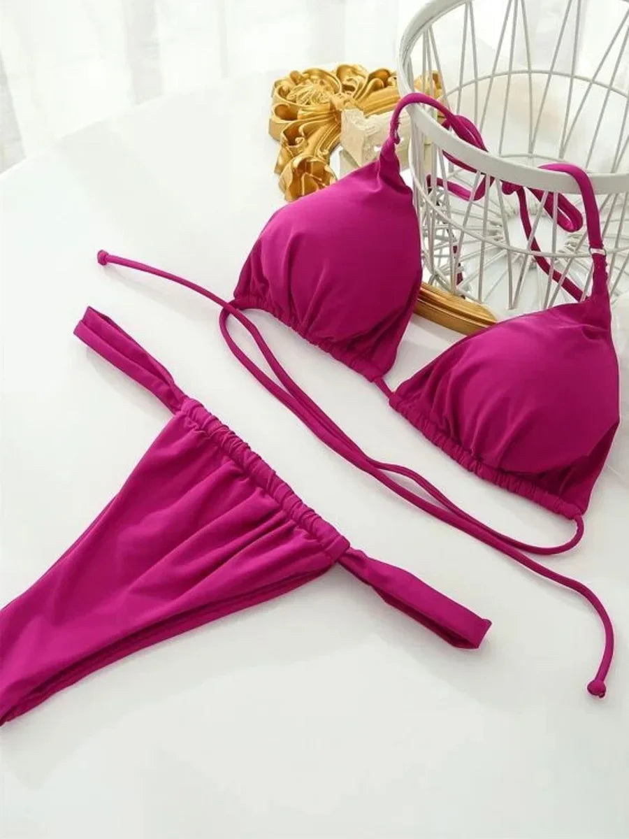Wrinkled High Cut Mini Micro Thong Bikini Women Swimwear Female Swimsuit Two-pieces Bikini Set Halter Bather Bathing Suit Swim