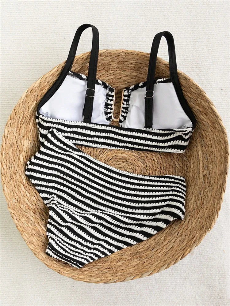 Sexy Black Striped Two Piece Bikini Set Women Metal U Neck Push Up Bra Belt High Waist Swimsuit Beach Bathing Suit Swimwear 2026
