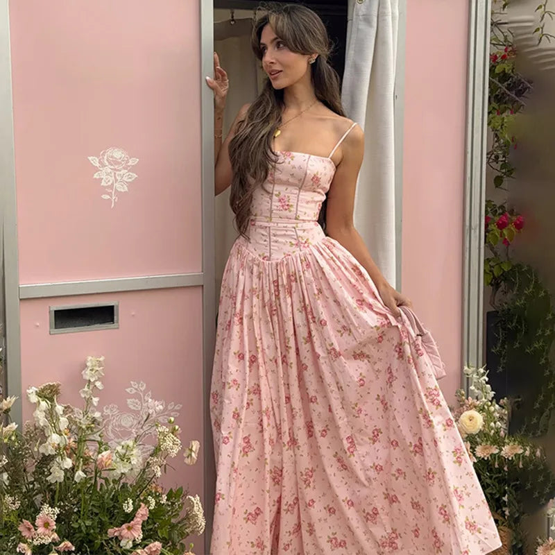 FDYOUI 2026 Summer Floral Print Spaghetti Strap Dress for Woman Elegant Sleeveless High Waist Long Party Evening Dresses Pink