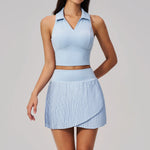 Women's Tracksuit Yoga Set 2 Pieces High Waist Pleate Pocket Skort Fitness Suit Turn Down Collar V Neck Slim Tank Top Sporstwear