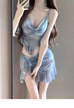 New Korean Style Bikini Set Women Pink Gradient Ruffles Push Up Mesh Skirt 3 Piece Swimsuit Summer Bathing Suit Holiday Swimwear
