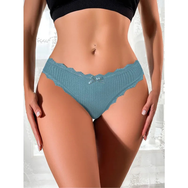 1pcs Plus Size Women's Mid-Waist Thong Panty Cute Girl Style Seamless Bowknot Lace Panties Trim Lightweight Breathable Underwear