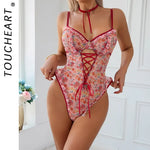 Toucheart Sexy Women Lace Backless InterestingBabydoll Bodysuit Wrap Dress High Waisted Printing Bow KnotBabydoll Bodysuit
