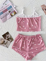 Women's Heart Print Sexy Ribbed Bow Decor Pajama Set, Round Neck Backless Comfortable Crop Cami Top & Shorts, Summer Nightwear