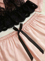 Women's Satin Sleepwear Pajama Set Pink Sexy Lingerie Bath Robe Lace Patchwork Silk Night Dress Trousers Home Clothed Nightwear