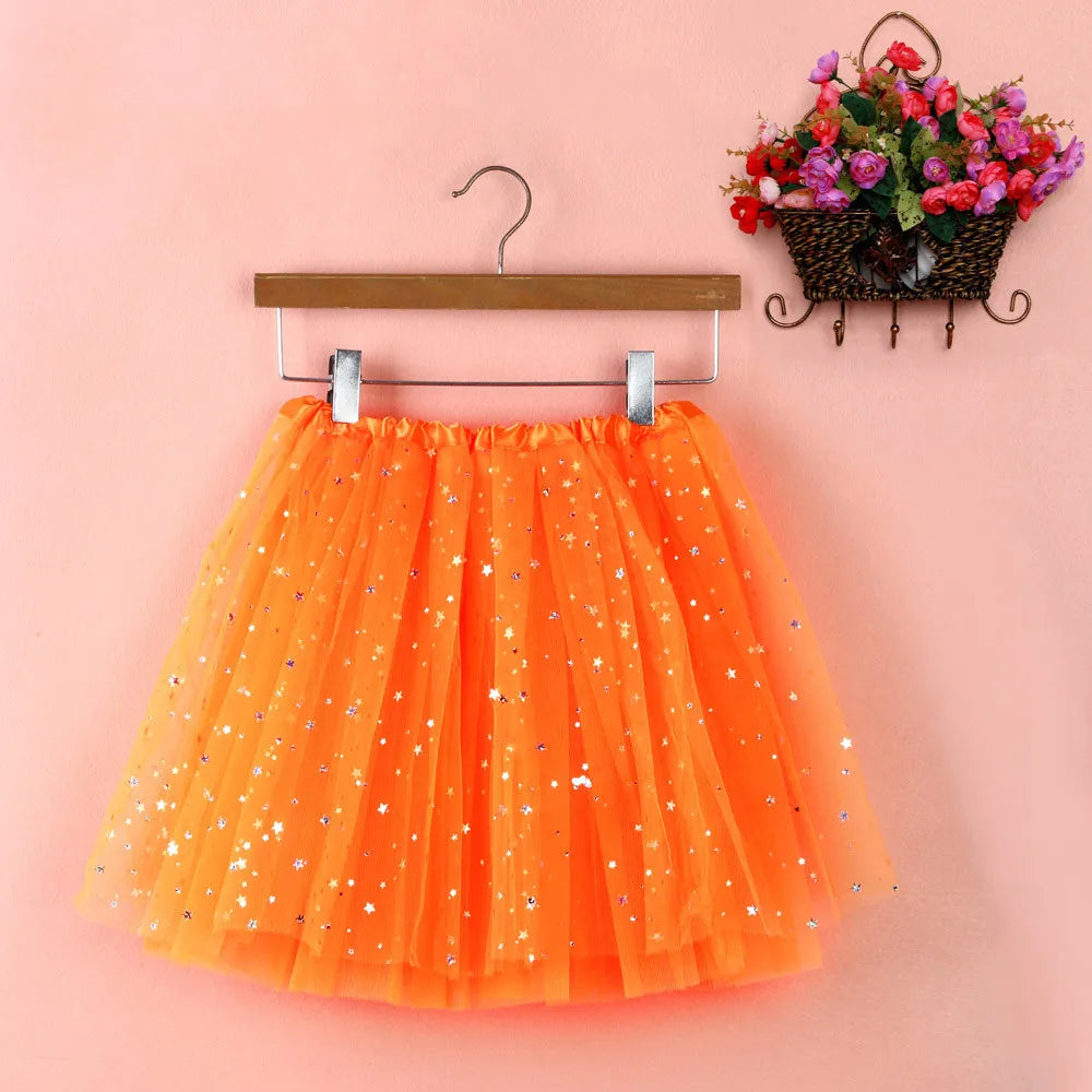 Womens Summer New Tulle Tutu Skirt Elastic Waist Silver Star Print Layered Mesh Mini Skirt Fluffy Carnival Party Dance Skirts